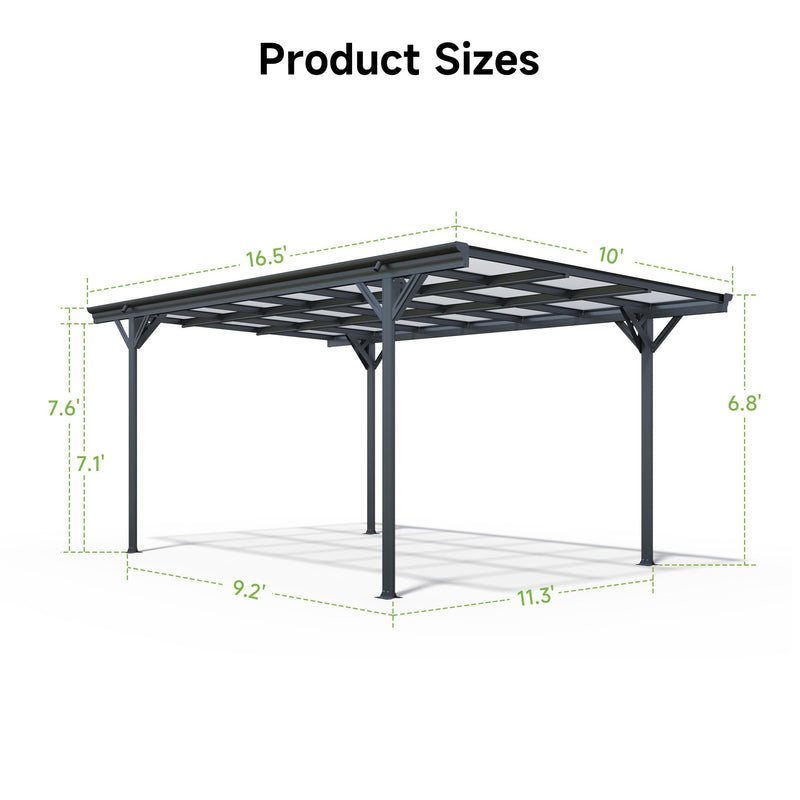 Real Relax 10×16ft Heavy Duty Carport, Pitched-Roof Polycarbonate Panel Canopy, Garage for Trucks, SUVs and Boats, All-Weather Outdoor Storage Car Port, Gray