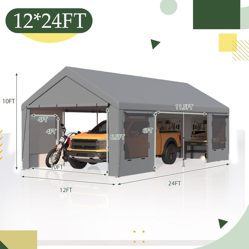 EROMMY 12' x 24' Heavy Duty Carport，Portable Garage with UV Protection & Steel Frame, Car Port with Removable Sidewalls, All-Season Car Canopy for Tractor, Truck, Boat, Outer Gray and Inner White