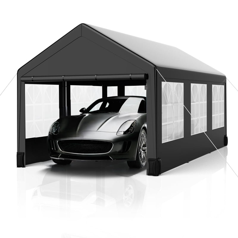 Towallmark Carport, Heavy Duty 12FT X 20FT Carport Canopy, with 4 Load-Bearing Sandbags, Roll Up Mesh Window, Pe Waterproof Canopy, Reinforced Steel Pipes 1.3mm Tube Wall Thickness for Cars, Truck