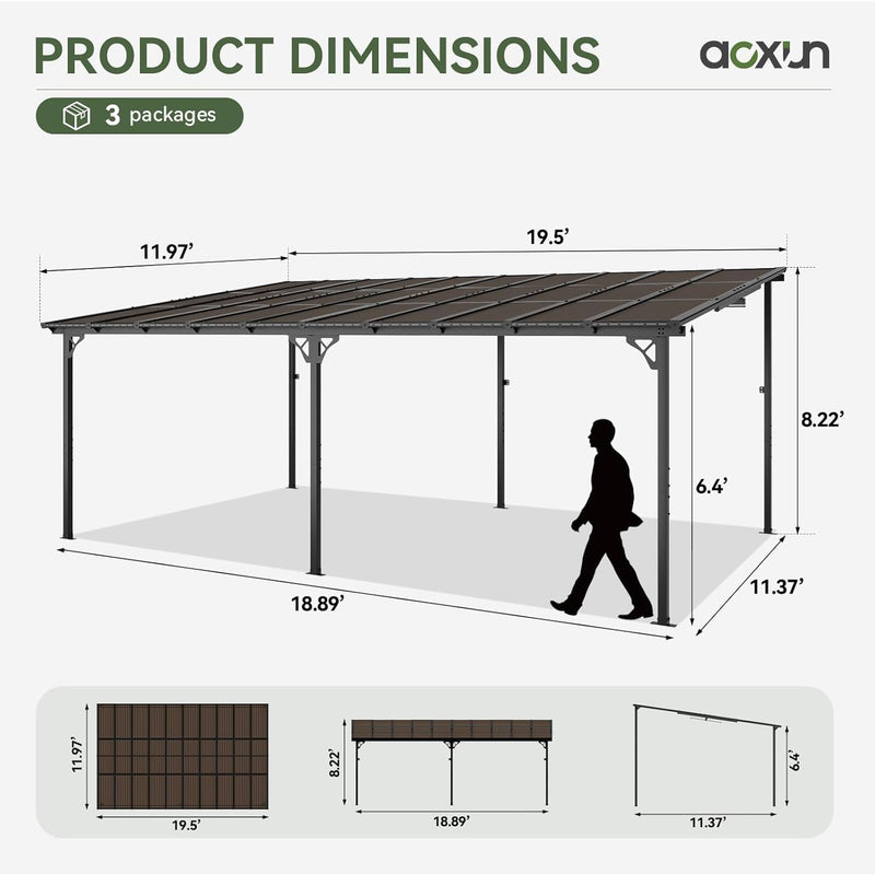 Aoxun 12' x 20' Gazebo for Patio, Gazebo Pergola with Sloped Roof, Large Wall-Mounted Heavy Duty Awnings, for Backyard, Deck, Patio, Garden Black