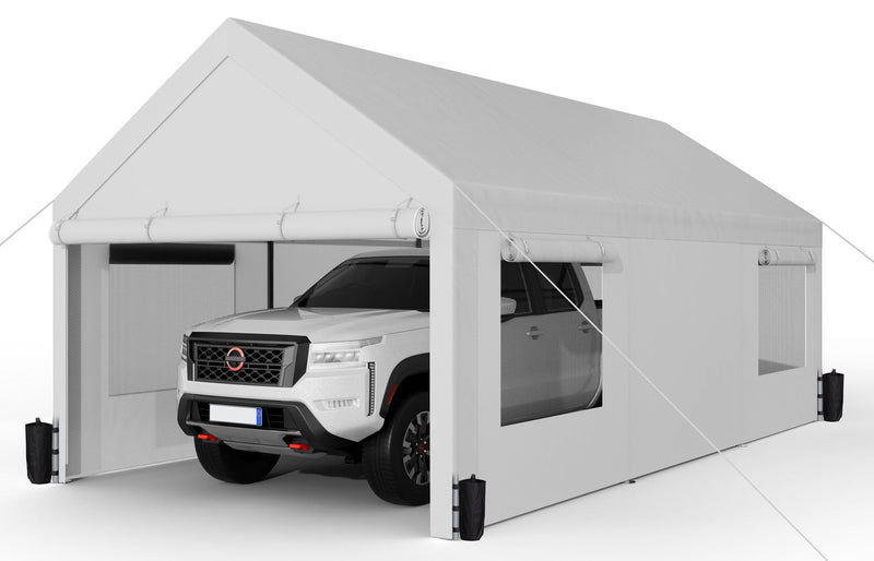 Shintenchi Carport 10' x 20' Heavy Duty Portable Garage, Car Port Canopy with Side-Opening Removable Door & Roll-Up Windows, Car Canopy for Truck,Car,Boat,Motorcycle,White