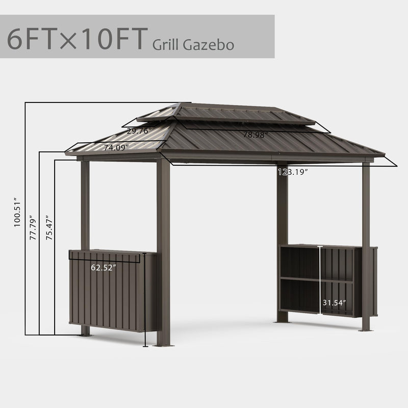 Domi 6x10FT Hardtop Grill Gazebo, BBQ Gazebo with Double Galvanized Steel Roof, 2 Storage Cabinets and Ceiling Hooks, Outdoor Grill Shelter for Backyard, Lawn and Garden(Brown)