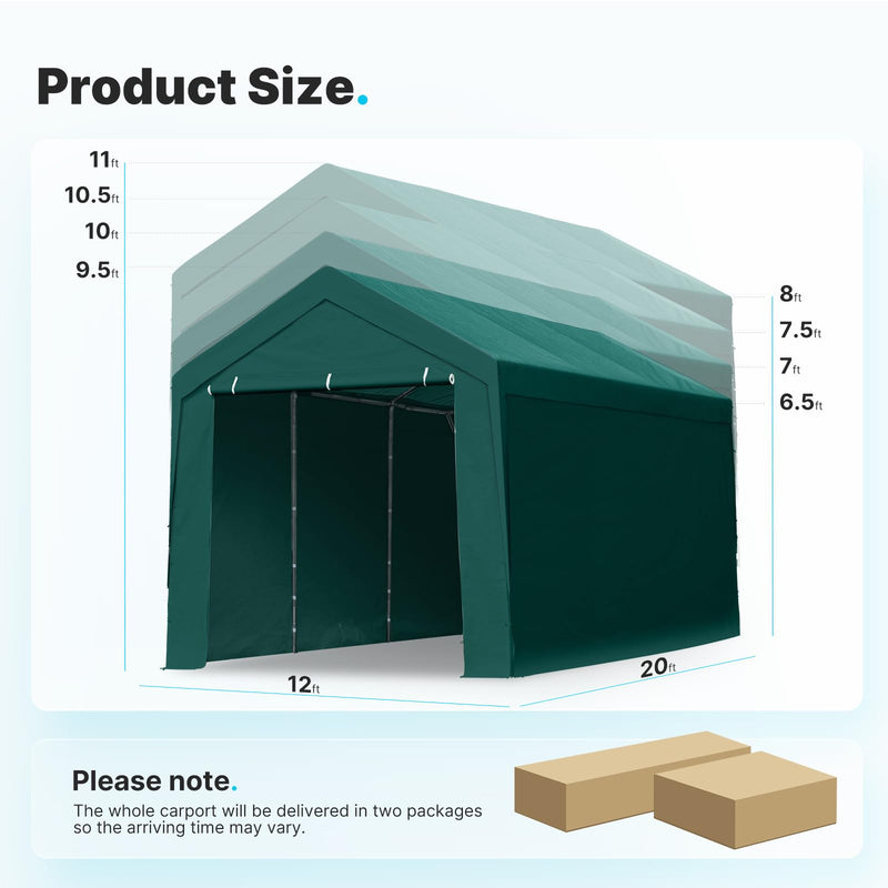 PEAKTOP OUTDOOR 12x20 ft Heavy Duty Carport with Removable Sidewalls, Portable Car Canopy, Garage Tent, Boat Shelter with Reinforced Triangular Beams, Green