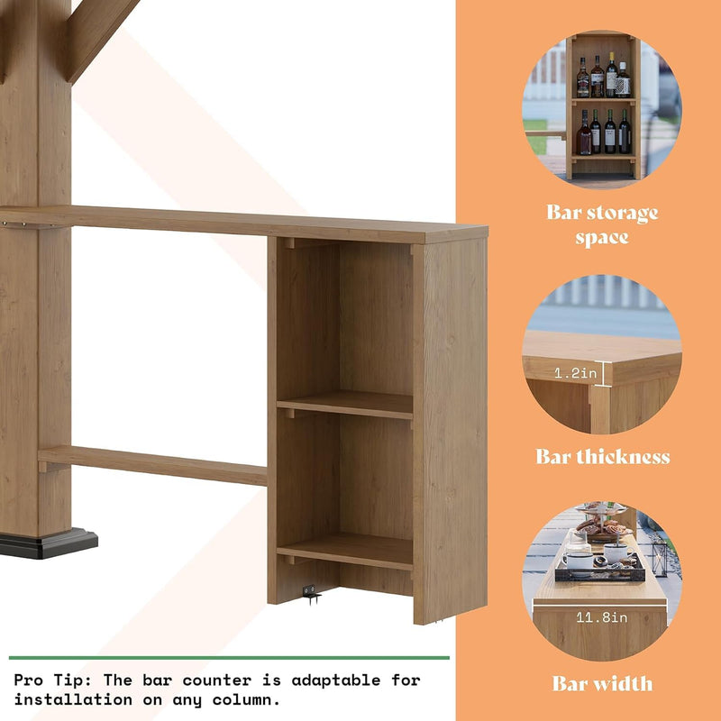 AMERLIFE 13x15 ft Spruce Wood Gazebo, Outdoor Gazebo with Bar Storage, Hardtop Wooden Paviloinwith Metal Steel Gable Roof, Patio, Garage, Black + Natural Wood