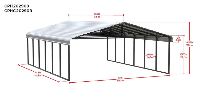 Arrow Carports Galvanized Steel Carport, Double Car Metal Carport Kit, 20' x 29' x 9', Charcoal