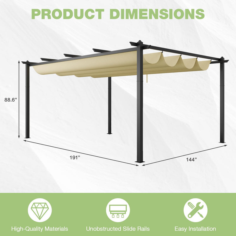 EBE 12'x16' Outdoor Pergola, Metal Patio Pergolas, Heavy Duty Retractable Awning Pergola Sun Shade Canopy for Decks, Gardens and Backyards, Beige