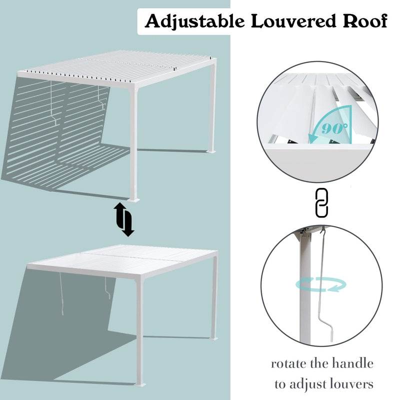 BPS 13 x 10 ft. Outdoor Aluminum Wall Mounted Louvered Pergola Waterproof Gazebo Sun Shade Shelter with 2 Adjustable Rainproof Panels for Patio, Garden, Backyard Lawn & Garden - White