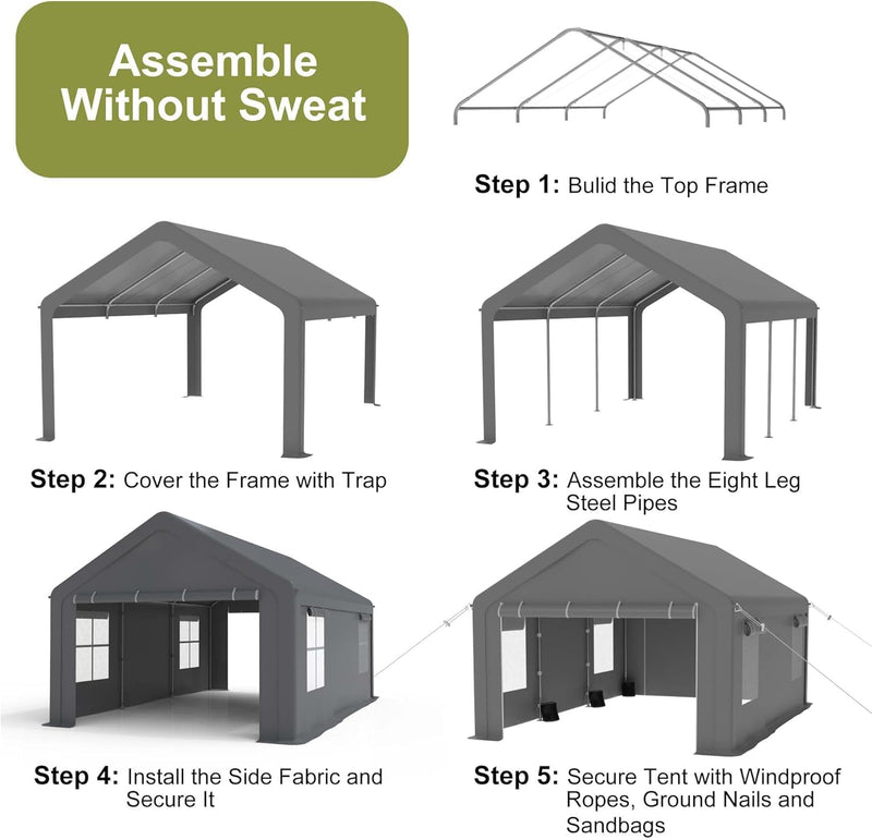 GarveeLife 12x20ft Carport Heavy Duty, Portable Garage with 4 Doors + 4 Window, Upgraded Carport with Reinforced Steel Poles, Uv Resistant Waterproof Tarp for Car, Truck, Boat