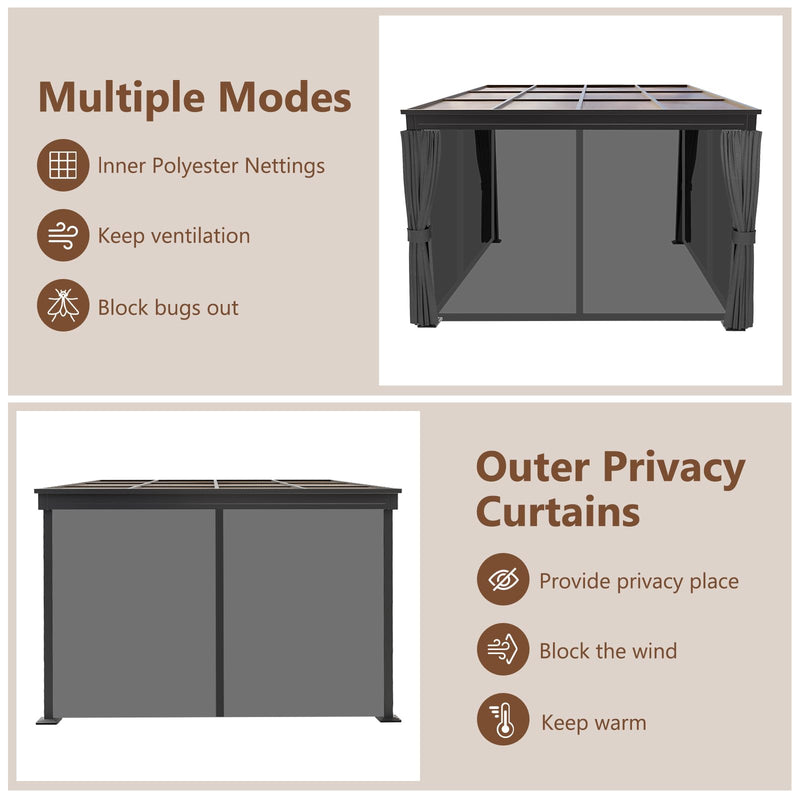 10'x10' Lean to Gazebo, Wall Mounted Gazebo with Aluminum Frame, Curtains and Netting for Patio,Decks, Garden and Lawn
