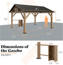 13x15 ft Wood Gazebo, Hardtop Pergola with Steel Gable Roof, Outdoor Gazebo with Guest House for Garden, Porch, Patio, Black + Natural Wood