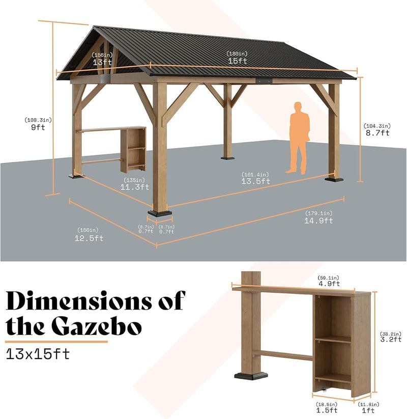 13x15 ft Wood Gazebo, Hardtop Pergola with Steel Gable Roof, Outdoor Gazebo with Guest House for Garden, Porch, Patio, Black + Natural Wood