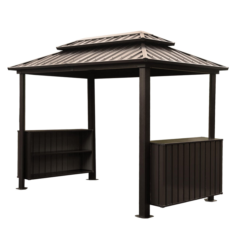 6x10FT Hardtop Grill Gazebo, Outdoor BBQ Gazebo with Double Galvanized Steel Roof, Patio Grill Canopy with 2 Storage Cabinets and Ceiling Hooks for Backyard, Lawn, Garden,Brown