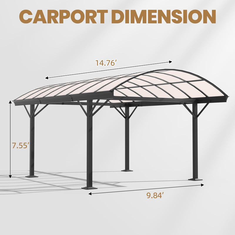 BUPPLEE Heavy Duty Metal Carport Kit 10 x 15 ft, Aluminum Carport with UV50+Resistant PC Sunlight Panels,Sturdy Metal Carports for Cars, Boats,Outdoor Storage Shed,Anti Rust Awning,Snow