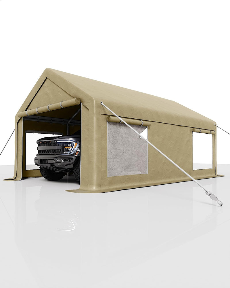 GarveeLife 10x20 Ft Carport, Car Port with 200g PE Tarp, Roll-Up Doors, and 4 Windows, for Sedans, Bass Boats, Motos, ATVs, and SUVs, Khaki