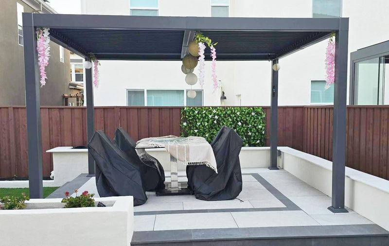 PURPLE LEAF Louvered Pergola 92KS 10' x 14' with Integrated LED Strip Lights Aluminum Outdoor Pergola with Adjustable Louvered Roof for Patio Deck Garden Yard Gray