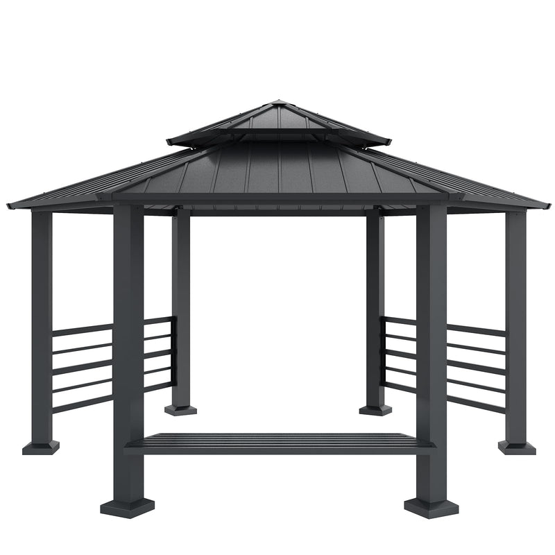 AMERLIFE 13X15FT Hardtop Gazebo, Hexagon Metal Patio Gazebo, Double Tiered Patio Pavilion with Aluminum Foot, Dual Rails, Ceiling Hook and Bench for Patio, Garden, Backyard Shade