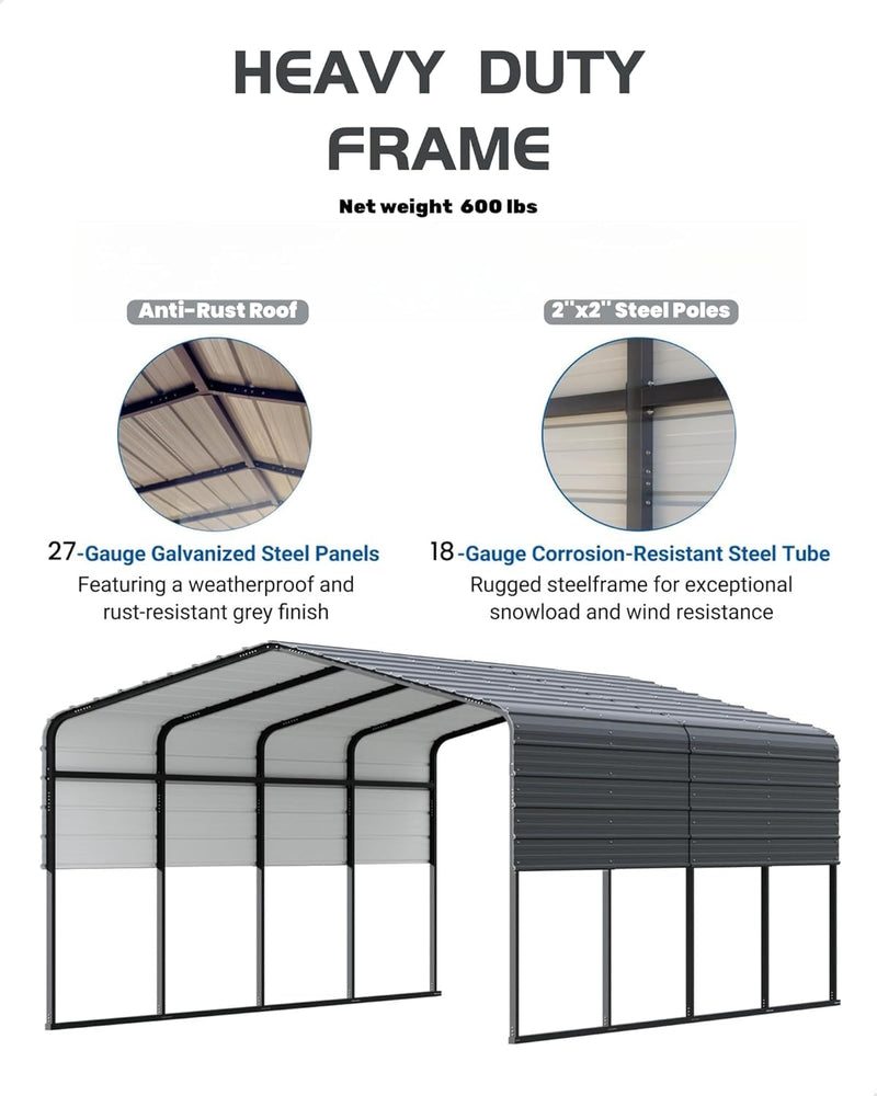 Metal Carport, Carport with Reinforced Base and Galvanized Steel Roof, Heavy Duty Garage Car Shelter Shade, Outdoor Car Port Canopy for SUV, Truck, Boats, 13x21 FT
