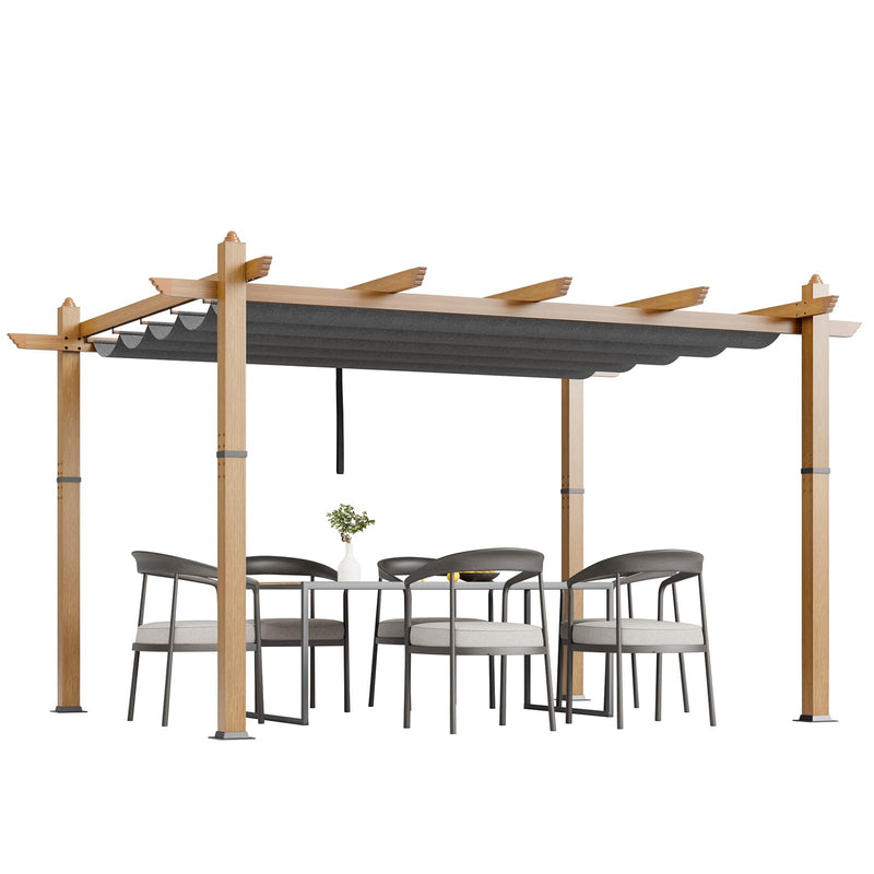 Agrestem 10x13 Ft Retractable Outdoor Pergola with Canopy, Upgraded Wood-Grain Aluminum Pergola, Modern Pavilion for Backyard, Patio, Porch, Grape Trellis, Gray
