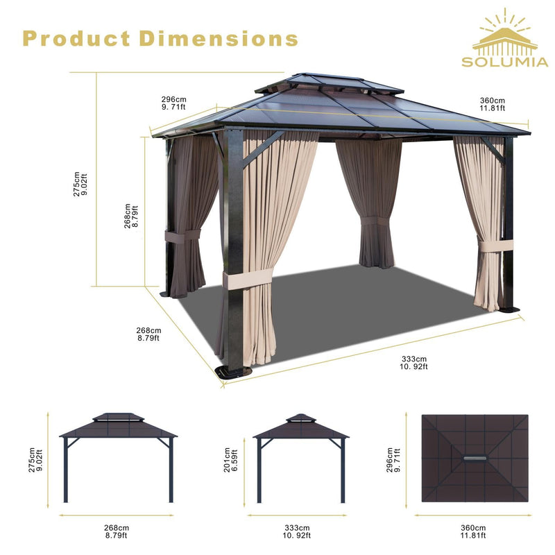 SOLUMIA 10’x12’ Hardtop Gazebo, Double Roof Patio Pergola with Polycarbonate Panels, Aluminum Frame, Outdoor Canopy with Netting for Backyard, Garden, and Deck – Durable & UV-Resistant