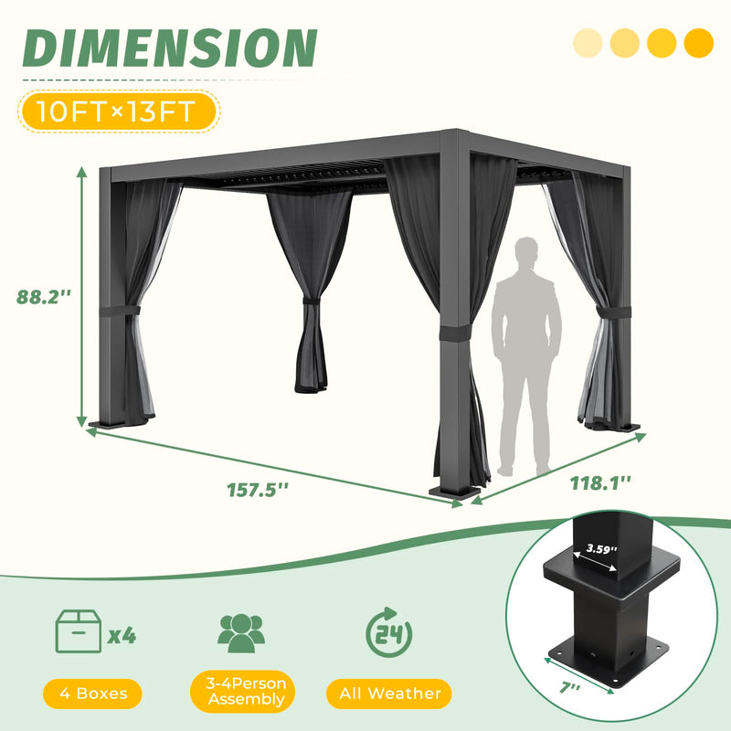 LVUYOYO 10' x 13' Outdoor Louvered Pergola, Metal Aluminum Pergola with Adjustable Roof, Waterproof Gazebo with Curtains and Netting for Patio, Backyard, Garden, Deck (Black)