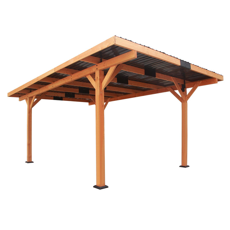 Beneouya 18.3 x 12.6 x 7.8 FT Carport, Wood Outdoor Gazebo Pavilion with Hardtop Sloped Steel Roof, Heavy Duty Waterproof Car Port for Backyard, Patio, Deck and Lawn