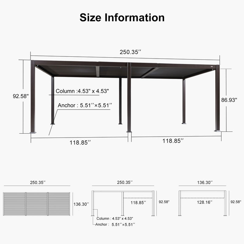 PURPLE LEAF 11' x 21' Louvered Pergola Outdoor Adjustable Louvre Shade Modern Patio Aluminum Pergola with Retractable Roof for Deck Backyard Garden Hardtop Gazebo