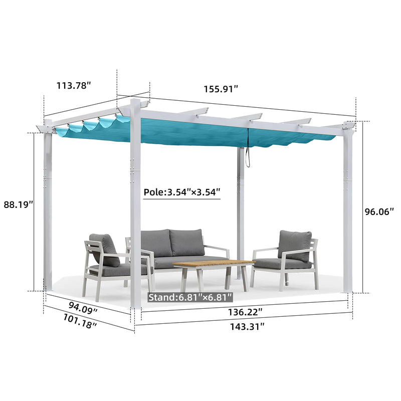 PURPLE LEAF 10' X 13' Outdoor Retractable Pergola with Sun Shade Canopy Cover White Patio Metal Shelter for Garden Porch Yard BBQ Beach Gazebo Grape Trellis Pergola, Turquoise Blue