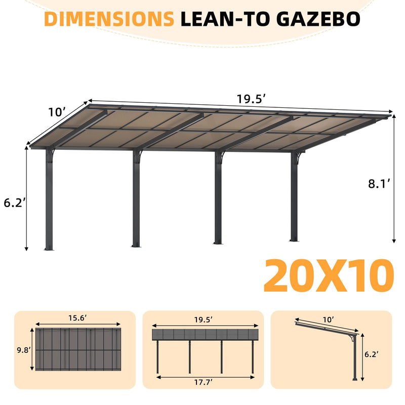AECOJOY 20' x 10' Outdoo Gazebo for Patio, Large 10x20 Pergola Carport, Freestanding Lean to Hard Top Gazebo Shelter Pergolas and Gazebos Clearance with Roof, Wall-Mounted Heavy Duty Awnings for Patio