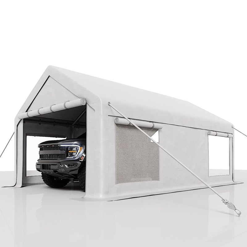 12 x 20FT Heavy Duty Carport with Roll-Up Windows, Portable Garage with Removable Sidewalls & Doors, Portable Car Tent Garage with Roll-Up Windows and All-Season Tarp, for Car, Truck,