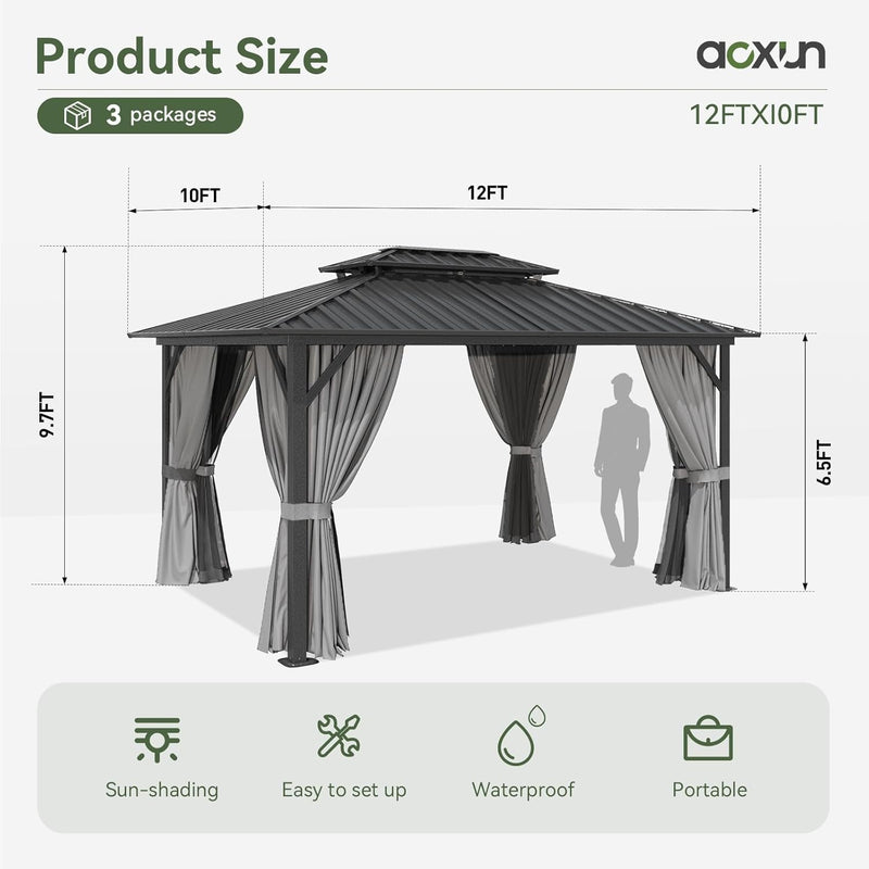 Aoxun Hardtop Gazebo 10x12, Aluminum Frame Canopy with Double Galvanized Steel Roof, Outdoor Gazebo with Breathable Netting and Privacy Curtain for Backyard