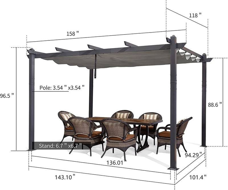 PURPLE LEAF 10' X 13' Outdoor Retractable Pergola with Sun Shade Canopy Patio Metal Shelter for Porch Garden Pavilion Grill Gazebo Yard Modern Gray Pergola with 24 Led Hanging String Lights