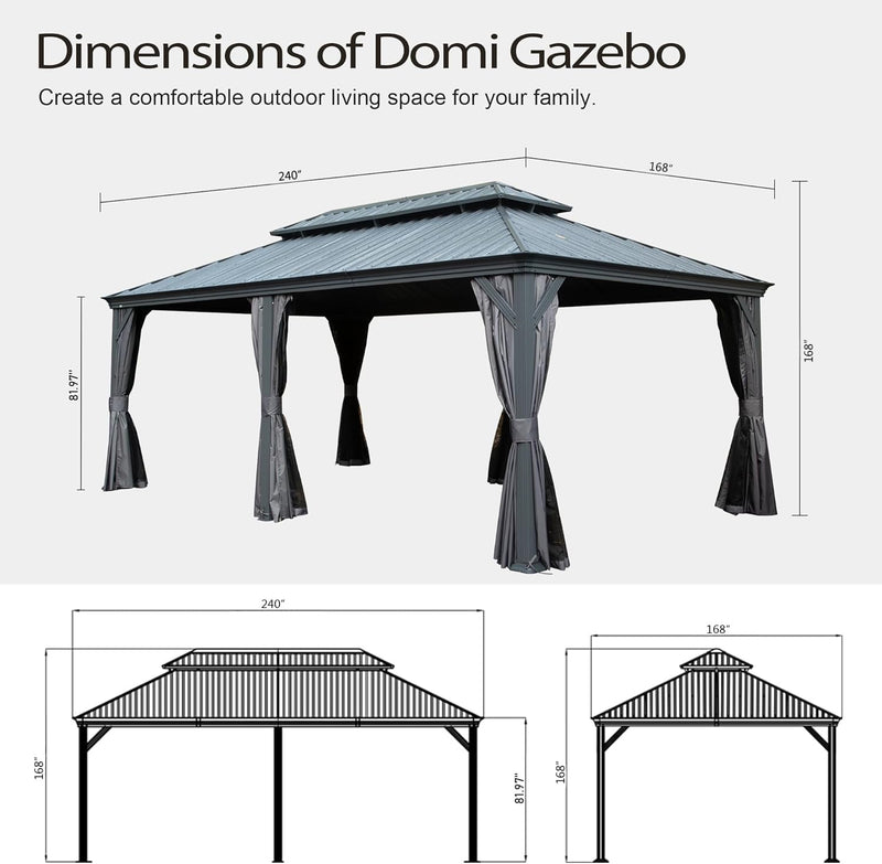 Domi 14x20FT Outdoor Gazebo, Hardtop Gazebo with Galvanized Steel Double Roof, Metal Gazebos with Drainage System Patio Pergola for Patio Deck Backyard,Curtain and Netting,Gray