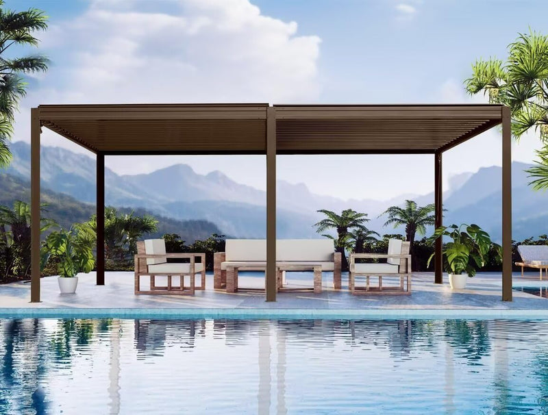 Domi Outdoor Louvered Pergola 10x20FT with Adjustable Steel Roof, Outdoor Aluminum Frame Rainproof Pergola for Backyard, Garden and Lawn,Brown