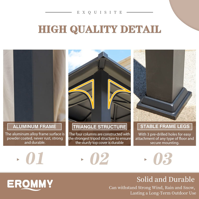 EROMMY 12'x14' Hardtop Gazebo, Double Roof Metal Canopy with Aluminum Frame, Netting and Shaded Curtains Included Permanent Outdoor Pavilion Gazebos for Patio, Backyard, Deck and Lawns