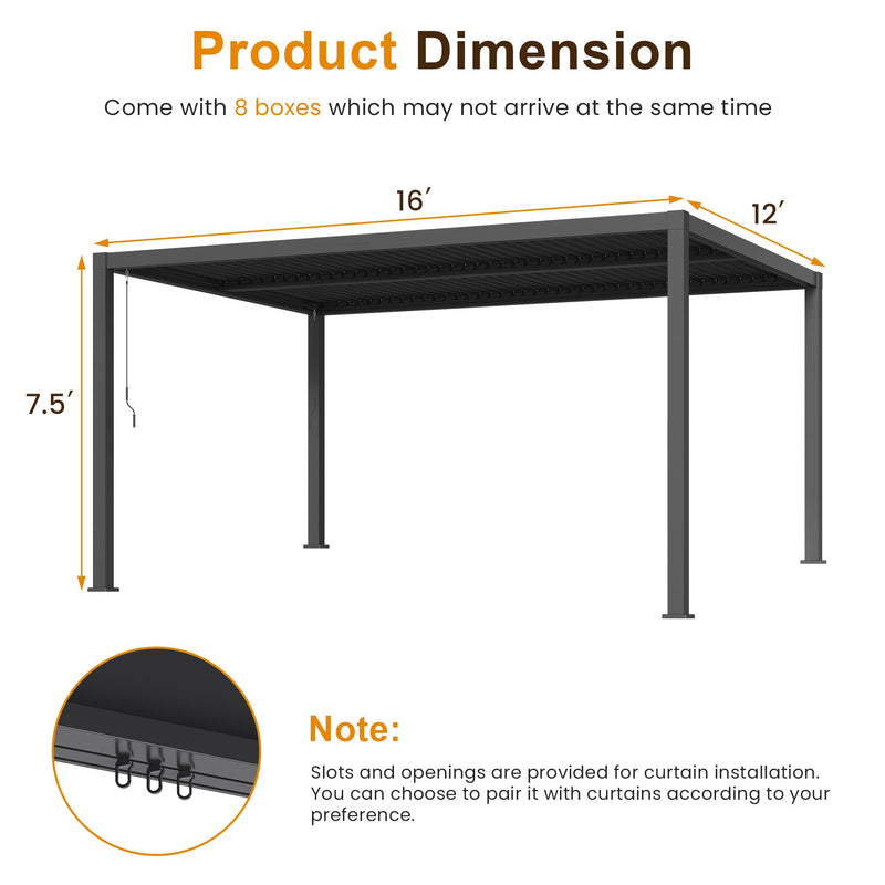 RoyalCraft Adjustable Louvered, Heavy-Duty Aluminum Outdoor Pergola, Metal Hardtop Pergola with Adjustable Roof for Patio, Deck, Garden, Yard (Black, 12'x16')
