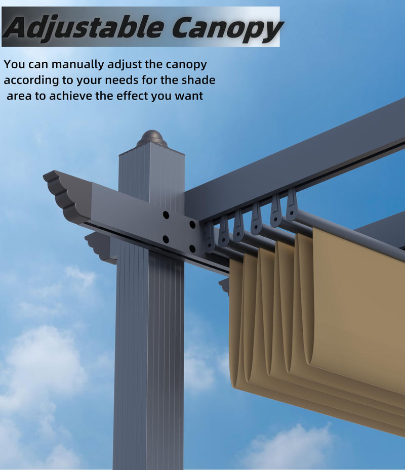 GarveeLife 10x10 Ft Aluminum Pergola, Outdoor Metal Pergola with Adjustable Canopy, Reinforced Frame Outdoor Shelter for Backyard, Lawn and Deck - Khaki