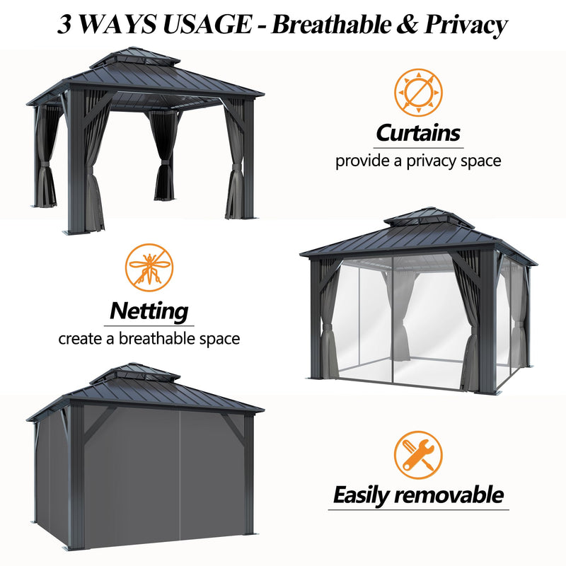 GARTOO 10'x10' Outdoor Hardtop Gazebo with Double Roof - Heavy-Duty Galvanized Steel Top Aluminum Frame Gazebo with Breathable Netting & Privacy Curtain for Patio, Porch, Garden, Lawn, Deck, Backyard