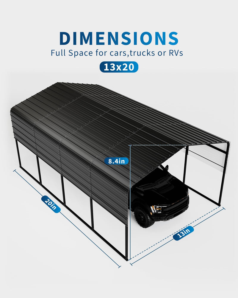 KOKEBREN Metal Carport, Outdoor Car Port Canopy with Reinforced Base and Galvanized Steel Roof, Heavy Duty Garage Car Shelter Shade for SUV, Truck, Boats, 13x20 FT