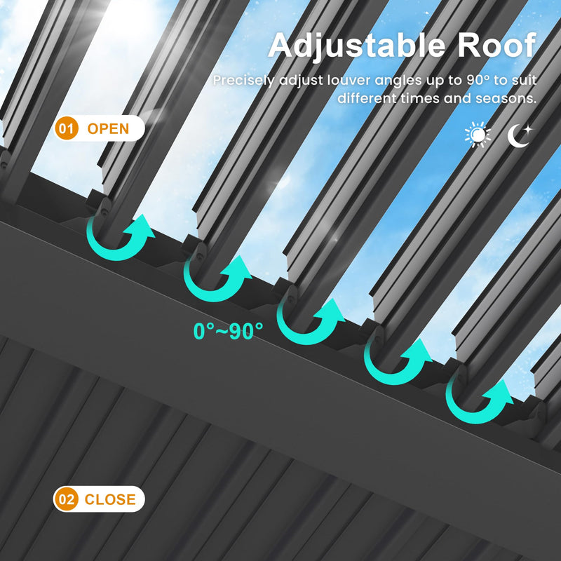 Louvered Pergola 12'x 16' with Curtains & Netting, Metal Outdoor Pergola with Adjustable Louvers Roof and Gutter System, Metal Hardtop Gazebo for Patio, Deck, Garden, Yard, Dark Gray