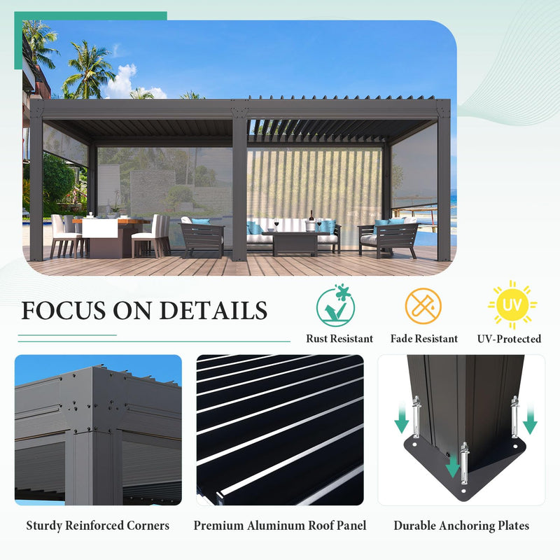 YOLENY Louvered Pergola and 6 Pull-Down Screens, 10x20FT All Aluminum Pergola with Adjustable Rainproof Roof, Outdoor Sun Shade Shelter for Patio, Weatherproof, Dark Gray