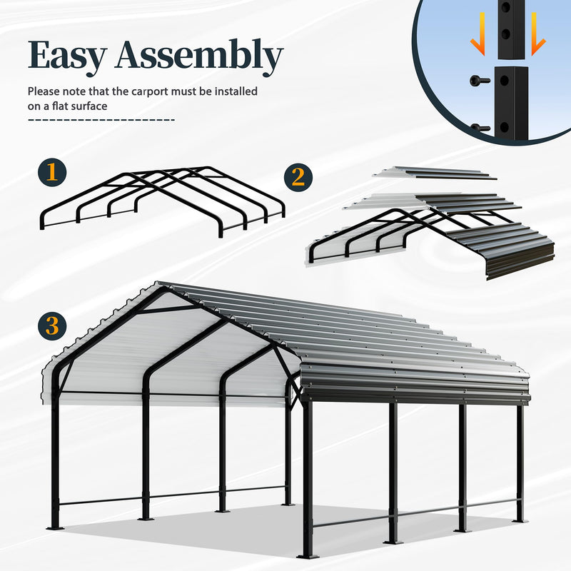 SUNLEI 12X15 FT Carport, Heavy Duty Carports Canopy with Galvanized Steel Roof and Frame, Metal Carportes Upgraded Extra Large Garage for Pickup, Boat, Car and Tractors