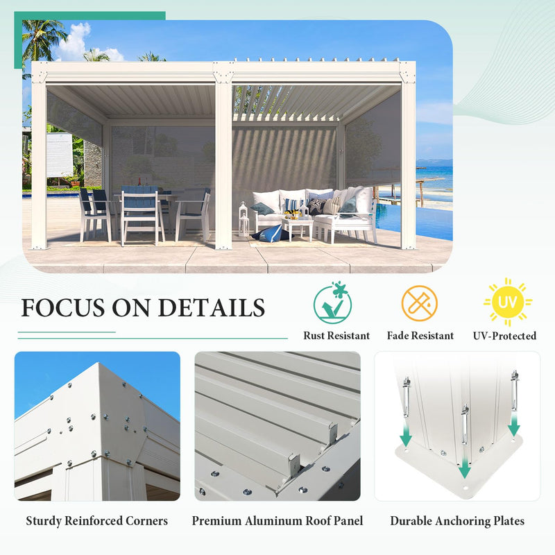 YOLENY Louvered Pergola and 6 Pull-Down Screens, 12x16FT All Aluminum Pergola with Adjustable Rainproof Roof, Outdoor Sun Shade Shelter for Patio, Weatherproof, White