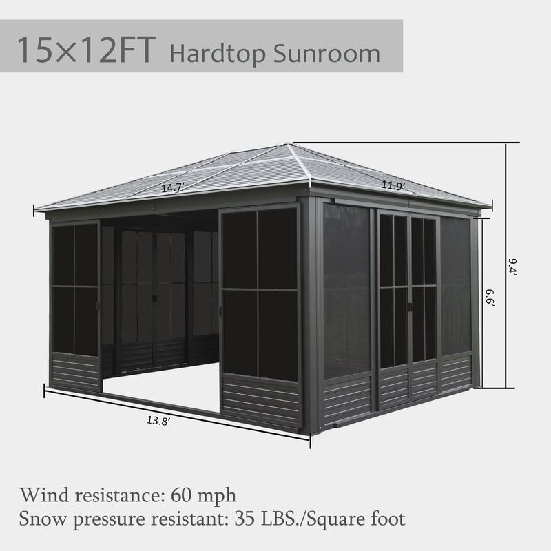 Domi 12x14FT Outdoor Sunroom, Galvanized Steel Hardtop Enclose Gazebo Sloping Roof, All Weather Aluminum Solarium Screen House for Patio Deck Backyard with Lockable Door, Moveable PVC Screen