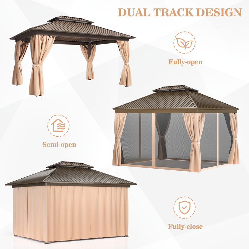 WKM 10x14 FT Hardtop Gazebo with Heavy Duty Galvanized Steel Double Roof, Aluminum Frame Permanent Pavilion with Curtains and Netting, Outside Canopy Gazebo for Patio, Deck and Backyard,Brown
