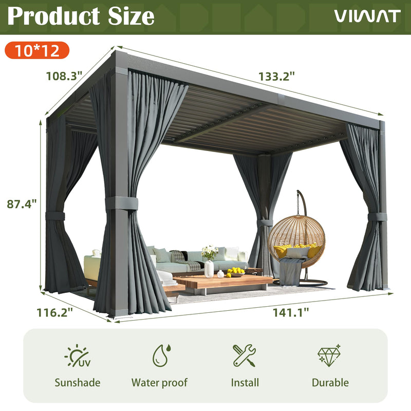 VIWAT Aluminum 10x12 FT Louvered Pergola, Outdoor Pergola with Adjustable Louvered Roof Outdoor Patio Shade Cover, Waterproof & Rustproof Aluminum Gazebo for Backyard and Garden, Gray
