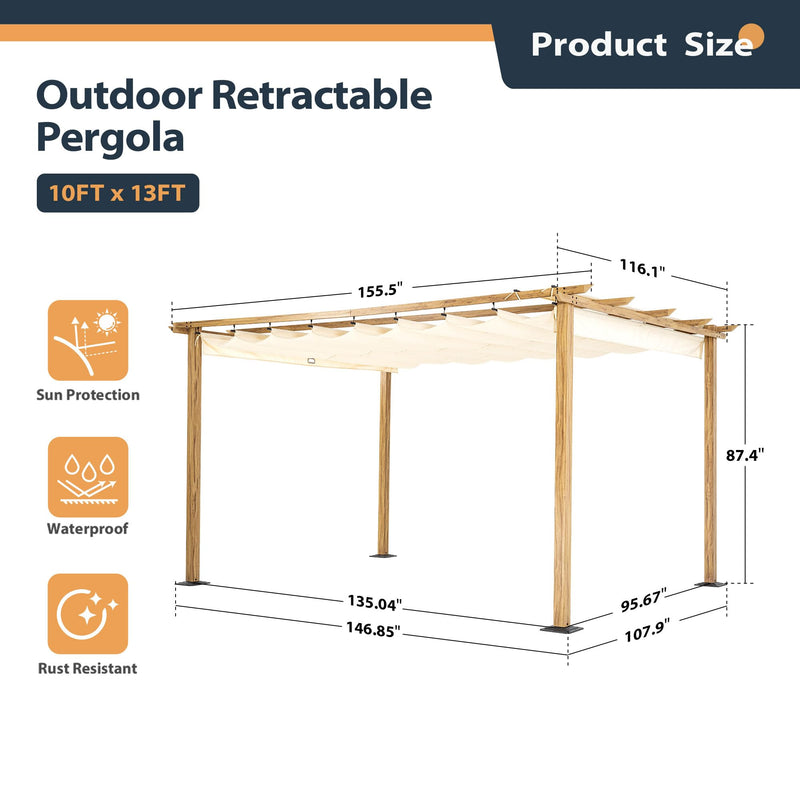 HAPPATIO 10' X 13' Wood-Grain Aluminum Pergola - Adjustable Sun Shade Canopy with Retractable Roof for Backyard, Deck, Patio, by The Pool（Beige）