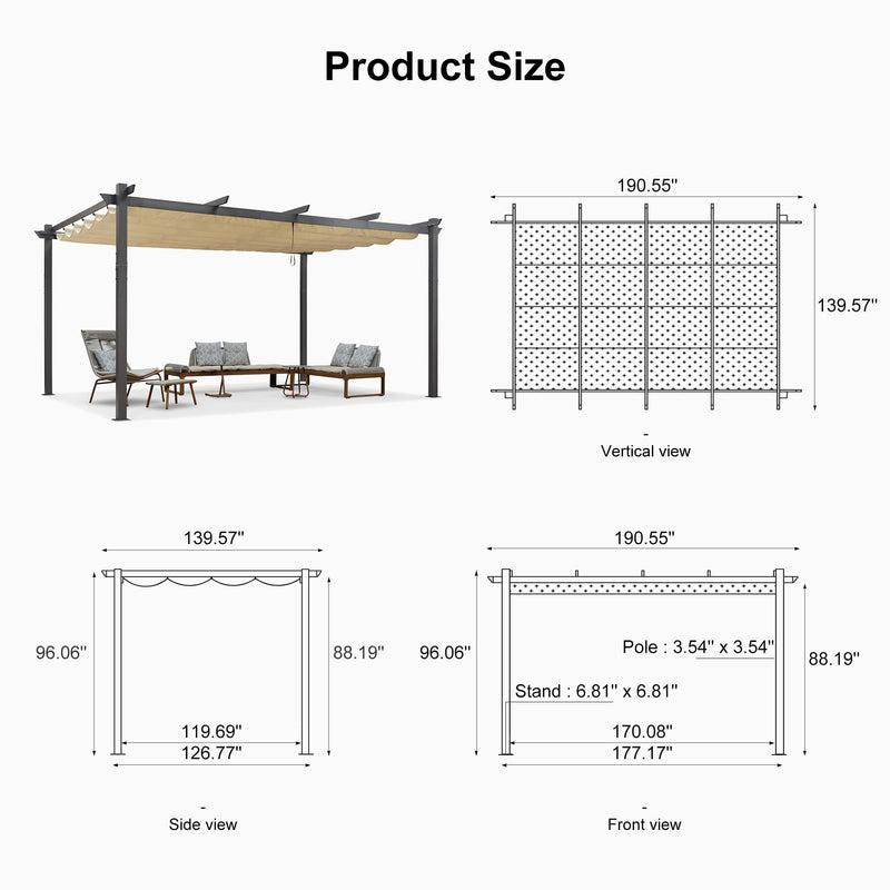 PURPLE LEAF 12' X 16' Outdoor Pergola with Retractable Canopy Aluminum Shelter for Porch Garden Beach Sun Shade Pavilion Grape Trellis Grill Gazebo Modern Backyard Deck Metal Patio Pergola Beige