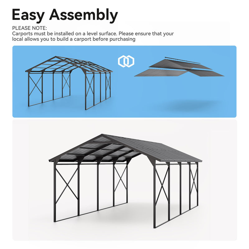 Kurapika 12x22 FT Metal Carport with Reinforced Base Outdoor Heavy Duty Car Port with Galvanized Steel Roof, Garage Car Shelter, Multi-Purpose Carports for Car, Truck and Boats