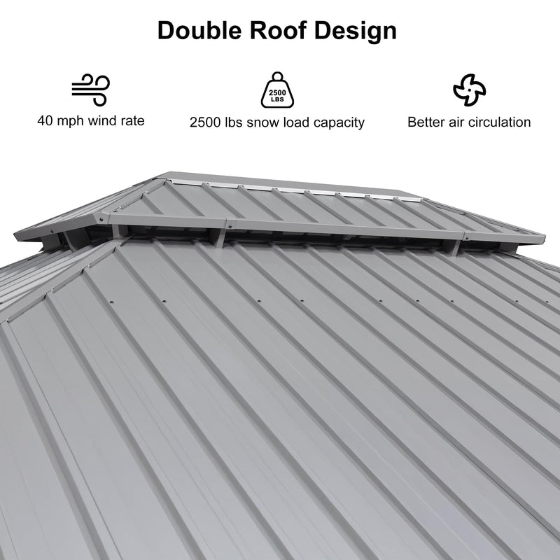PURPLE LEAF 11' x 15' Permanent Hardtop Gazebo with Galvanized Steel Double Roof and Aluminum Frames Outdoor Large Pavilion Gazebo for Patio Deck Garden, Netting and Curtains Included, Light Grey
