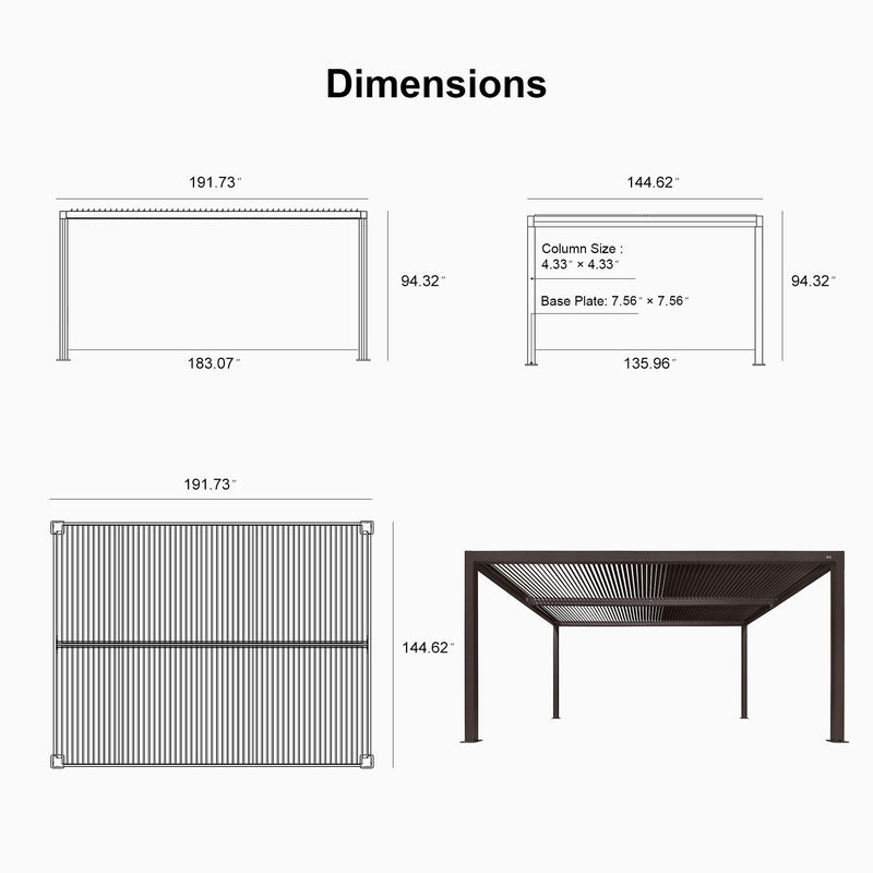 PURPLE LEAF Outdoor 12' × 16' Louvered Pergola with 16FT Detachable Louver Wall Patio Adjustable Aluminum Canopy Retractable Metal Roof for Deck Outside Backyard Hardtop Gazebo Sun Shade